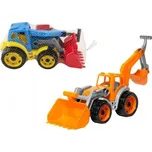 Traktor/nakladač/bagr se 2 lžícemi plast na volný chod 2 barvy v síťce 16x35x16cm