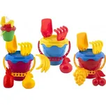 Sada na písek plast kbelík se sítkem 15x13cm, lopatka, hrabičky, 2 bábovky 4 barvy 12m+