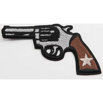 Nášivka Nažehlovací záplata - kovbojský revolver - rozměr 8 cm x 4,5 cm - hnědá, stříbrná, černá