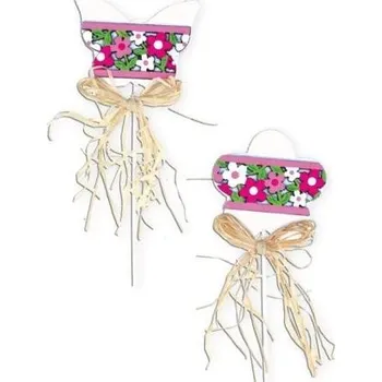 Svatební dekorace Zápich motýl, květ bílorůžový s vyřezávaným ornamentem 6cm+špejle