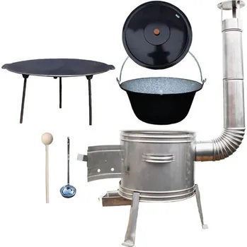 Kempingové nádobí Smaltovaný kotlík 16 L + Litinová pánev 45 cm + nerezová kotlina 42 cm + vařečka a naběračka TOPLUX