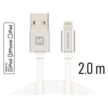 Datový kabel SWISSTEN datový kabel USB/Lightning, textilní oplet, MFi, 2 m Barva kabelu: Stříbrná