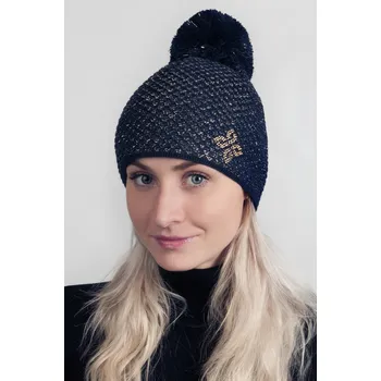 Čepice R-JET Modrá dámská zimní pletená čepice se zlatou nitkou a s bambulí