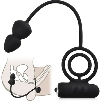 Vibrátor na prostatu ANÁLNÍ KOLÍK S DVOJITÝM KROUŽKEM NA PENIS A VARLATA + MASAŽÉR ANÁLU A