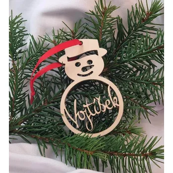 Vánoce Vánoční ozdoba Sněhulák se jménem 10 cm dřevo