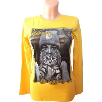 Dámské tričko Bavlněné tričko s kočkou Barva: Žlutá, Velikost: Univerzální