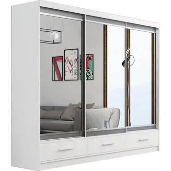 Šatní skříň Skříň Se Zrcadlem Margo 250cm Dub Bílý Mat/Šedá