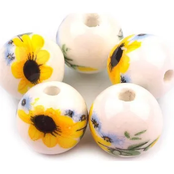 Dětské navlékací korálky Porcelánové korálky s květy Ø12 mm, barva 5 žlutá narcisová