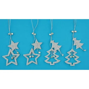 Vánoční dekorace Hvězda a strom s glitry na zavěšení 13cm, 4 ks,stříbrná 3237