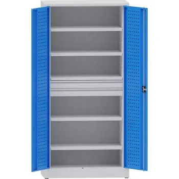 Dílenská skříň na nářadí, v x š x h: 1950x950x500 mm, perforované panely, 4 x police, 2 x zásuvka, barva šedá RAL7035 / modrá RAL5012