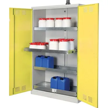 Skříň pro chemikálie, 3 výsuvné vanové police + spodní záchytná vana, š x h x v: 950x500x1950 mm, dveře žluté RAL1023