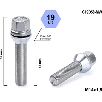 Šroubek na kolo Kolový šroub M14x1,5x58 kužel pohyblivý, klíč 19, C19D58-MW, výška 82 mm