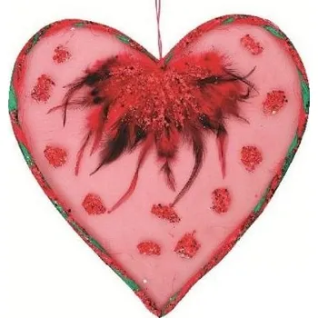 Srdce velké s peřím, perličkami a flitry 31cm