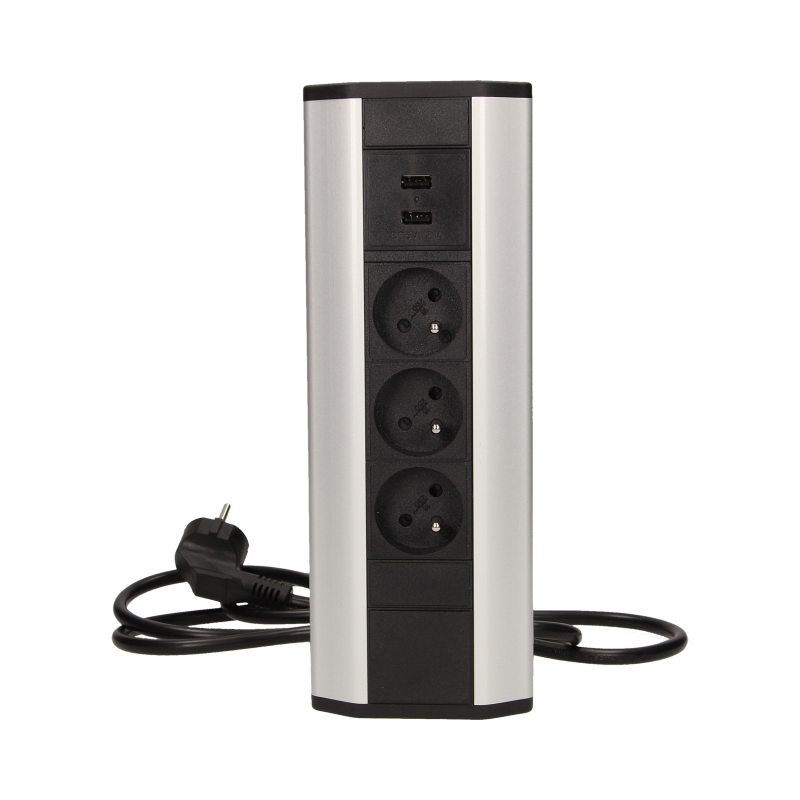 Rohová elektrická zásuvka 3x230V + 2xUSB stříbrná/černá s kabelem 1,5m (rohová elektrická zásuvka)