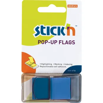 Samolepící bloček Záložky průhledné Stick'n Pop-Up, 45x25mm, modré, 50 lístků