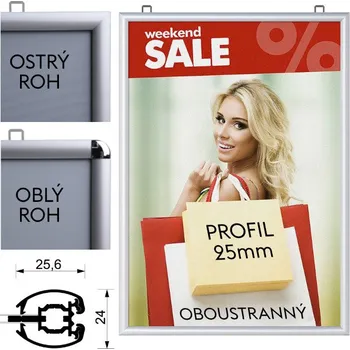 Reklamní Oboustranný závěsný klaprám s profilem (šířkou rámu) 25mm Formát B2 (500 x 700 mm), ostrý roh (KR50x70G25D)