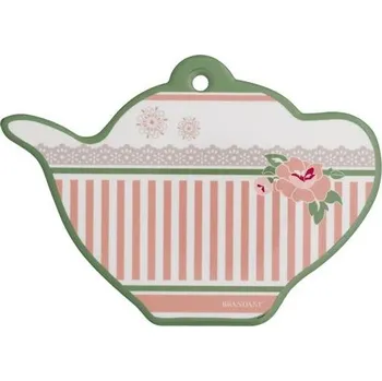 Kuchyňské prkénko Dekorativní talíř/podložka tvar konvička pod horké nádobí PEONIA BRANDANI (barva - keramika,korek, bílá/růžová/zelená)