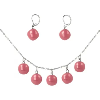 Souprava šperků WAGA - Souprava skleněných šperků růžová DOTS náhrdelník + náušnice SOU1113