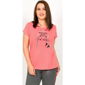 Dámské pyžamo Kočka Dámské pyžamo kapri s kočkou I'M FEELING GOOD lososová XL