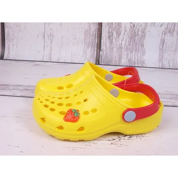 Dívčí žabky Plážová obuv nazouváky gumové pantofle Camminare žluté s oranžovou jahůdkou velikost: 24/25