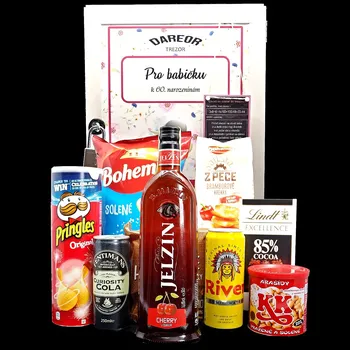 Dárkový potravinový koš TREZOR – dárková bedna s potiskem (obsah: Jelzin a dobroty)