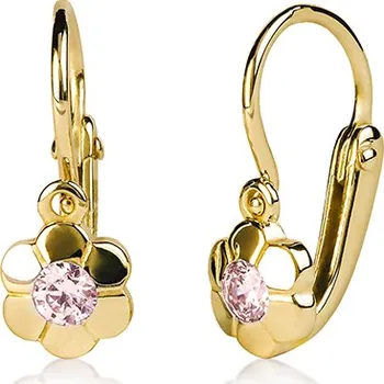 Náušnice Dětské náušnice - kytičky ze žlutého zlata s růžovým zirkonem