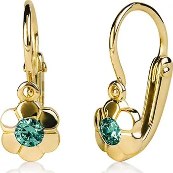 Náušnice Dětské náušice - kytičky ze žlutého zlata se zeleným zirkonem