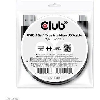 Kabel do PC Club3D Kabel USB 3.2 Gen1 Type-A to Micro USB Cable M/M, 1m CAC-1408