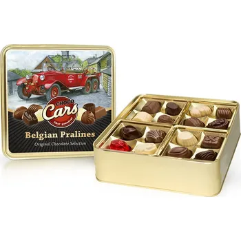 Bonboniéra Selllot, s.r.o., K Hájům 34, 155 00 Praha 5 - Vyrobeno v Belgii Choco Cars - plněné belgické pralinky v plechové dóze 400g