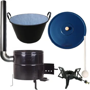 Kempingové nádobí Zabijačkový smaltovaný kotel + 80 L + kovová kotlina 58 cm + poklice + hořák 7 kW + vařečka + kouřovod