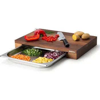 Kuchyňské prkénko Krájecí deska se zásuvkou 48 x 32,5 cm ořech - Continenta (Prkno se zásuvkou z nerezové oceli malé ořech - Continenta)