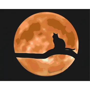 Malování podle čísel - Kočka při úplňku Velikost: 40x50cm, Rámování: Pouze srolované plátno