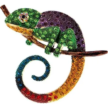 Brož Kovová brož chameleon s kamínky – módní doplněk pro ženy, 6 × 7,8 cm