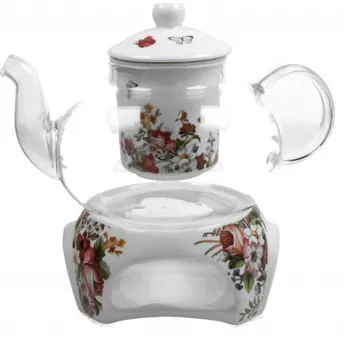 Filtrační konvice DUO Gifts DG - Skleněná konvice s ohřívačem na čajovou svíčku VINTAGE FLOWERS WHITE dárkové krabičce - 1000 ml