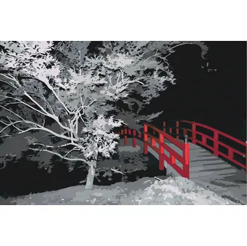 Malování podle čísel - Červený most v záhrade Velikost: 40x60cm, Rámování: Pouze srolované plátno