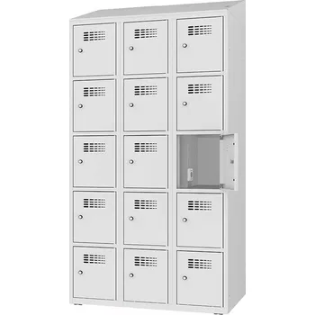 Skříň na dobíjení elektrického nářadí a elektroniky, 15 schránek, v x š x h: 1800x1200x500 mm, dveře šedé RAL7035