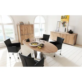 Jídelní stůl HAHNHOLZ Oválný dubový jídelní stůl s ocelovým rámem Objednat v délce: 140 cm, šířka: 100 cm, výška: 60 cm