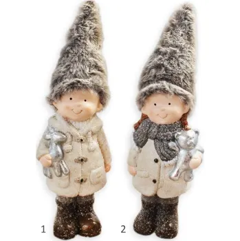 Vánoční dekorace Děti zimy vysoké hnědé s čepicí - 21 cm