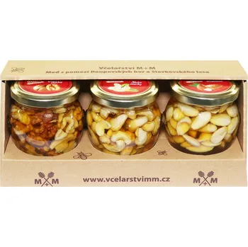 Včelařství M+M – balíček ořechů v medu – vlašské, kešu, mandle 3x250g