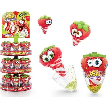 Bonbon Lízátko STRAWBERRY POP 50g - jahodové lízátko & mini bonbónky (stojan 24 ks, 1 ks = 33,- Kč) (jahodové lízátko + ovocné mini bonbónky)