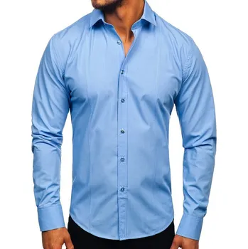Pánská móda Blankytná pánská elegantní košile s dlouhým rukávem Bolf 6944 - XL