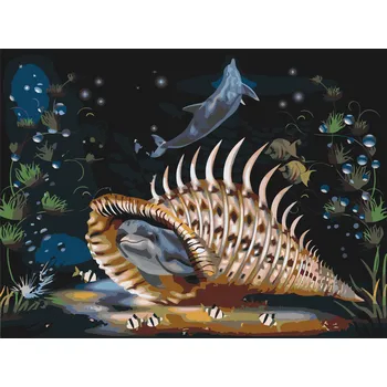 Malování podle čísel - Delfín ve velké mušli Velikost: 40x50cm, Rámování: Pouze srolované plátno