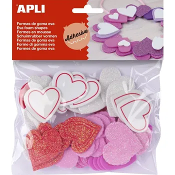 Pěnovka Apli - srdce se třpytkami, samolepicí, mix druhů, 52 ks