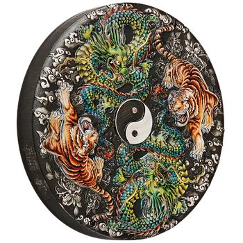 Exkluzivní stříbrná mince 5 Oz Double Dragon and Double Tiger with Yin Yang 2023 (Čínské starověké mýtické bytosti) Color Antique