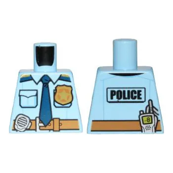 Stavebnice LEGO 973pb2600 Bright Light Blue Torso Police Shirt (Světle modrá policejní košile se zlatým odznakem, tmavě modrou kravatou, tmavě hnědým páskem a vzorem "POLICE" a vysílačky na zádech)
