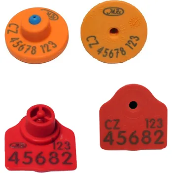 EID čip pro ovce- E-disc25 FDX-B + polygonální známka malá s potiskem, U oranžová + K červená