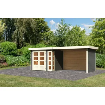 Zahradní domek Dřevěný domek KARIBU KERKO 3 + přístavek 2,8 m včetně zadní a boční stěny Šedý Varianta: dřevěný domek KARIBU KERKO 3 + přístavek 280 cm včetně zadní a boční stěny (82939) šedý LG2963