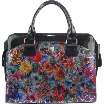 Kabelka PUNCE LC-01 luxusní černá dámská kabelka se stříbrnými kvítky pro notebook do 15.6 palce + doprava zdarma