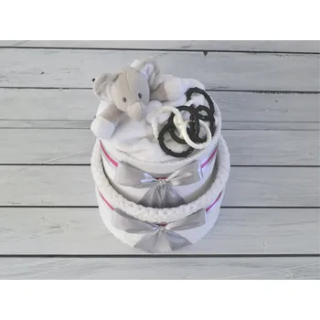 plenkový dort dortNEdort Dvoupatrový černobílý plenkový dort se sloníkem a chrastítkem Bílá deka, slon a černobílé tvary - náplň pro holčičku 246_MIM25