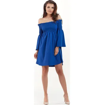 Dámské šaty Šaty s odhalenými rameny a zvonovými rukávy A228 Barva: Modrá, Velikost: L/XL